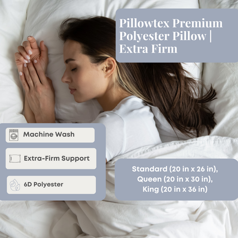A woman laying in bed with the Pillowtex® premium extra firm polyester pillow, providing support for side sleepers.