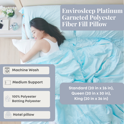 The Manchester Mills Envirosleep Platinum Garneted Polyester Fiber Fill pillow is a medium support pillow containing recycled polyester fibers, making it environmentally friendly.