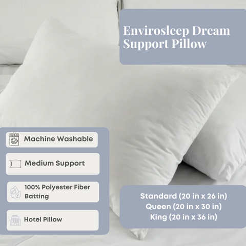 Plush white "Manchester Mills Envirosleep Dream Support Pillow" offering medium support and comfort with machine-washable tri-blended garneted fibers, available in both standard and queen sizes, ideal for enhancing.