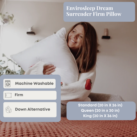 A woman holding a Manchester Mills Envirosleep Dream Surrender Firm Pillow, Formerly Dream Surrender Two.