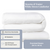 A Stearns & Foster White Down Comforter | All Season Warmth, 600 Fill Power, 400 Thread Count from Stearns & Foster is folded against a white backdrop. This oversized queen (90 in x 98 in) comforter features 600 fill power white duck down and is hypoallergenic. Icons indicate it is machine washable, suitable for all seasons, and has a 400 thread count.