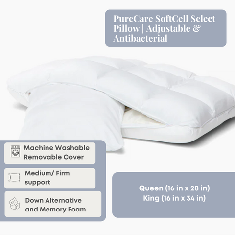 A PureCare SoftCell Select Pillow features customizable support, with a machine-washable cover, medium-to-firm feel, down alternative fill, and available in queen and king sizes.