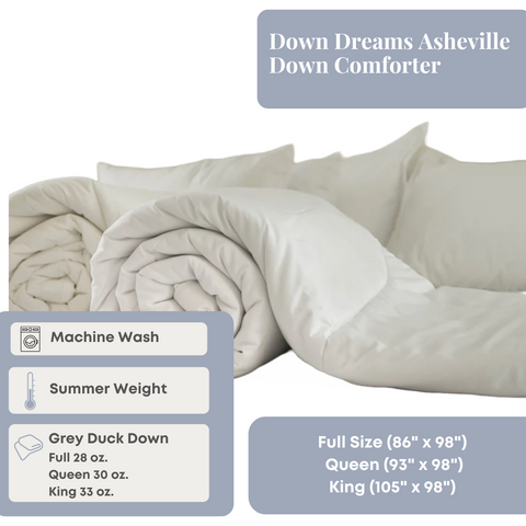 Plush Manchester Mills Down Dreams Asheville comforter presented in soft, neutral tones, featuring machine washability, suitable for summer use. It is available in full and king sizes with varying fill weights of gray duck down.