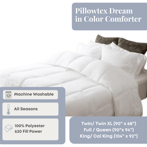 A plush white Pillowtex® Dream in Color Comforter on a bed, highlighting its machine washable feature, suitability as an all-season comforter, and 60% polyester material. Available sizes include the Pillowtex Dream in Color Comforter | All Season Weight with Soft Polyester Cover and Fill by Pillowtex.