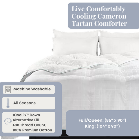 Luxurious Live Comfortably Cooling Cameron Tartan Comforter featuring machine washable, all-season suitability and a cozy 400-thread count with a premium CoolFx™ Down Alternative Fill, sizing at queen/king (104