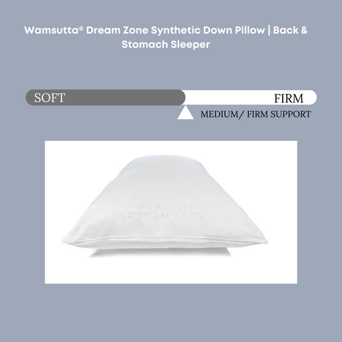 This white pillow is hypoallergenic, featuring the words Wamsutta Dream Zone Synthetic Down Pillow | Back & Stomach Sleeper and Carpenter lock stitch sleeper.