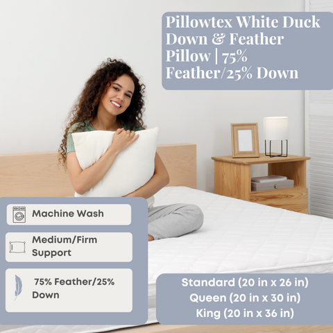 A smiling woman comfortably holds a Pillowtex White Duck Down & Feather Pillow, encased in a pillow protector, in a serene, modern bedroom. The advertisement details pillow composition, sizes, and machine wash.