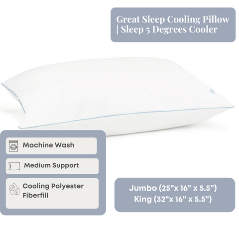 A Great Sleep Cooling Pillow advertised by Hollander to keep sleepers 5 degrees cooler, featuring machine wash compatibility and a hypoallergenic polyester fiberfill, leveraging Phase Change Technology, available in jumbo and king sizes.