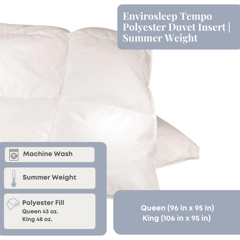 A lightweight Manchester Mills Envirosleep® Tempo polyester duvet insert with Baffle Box Design, summer weight, displayed with icons indicating machine washability. Options include queen (43 oz.) and king (48 oz.).
