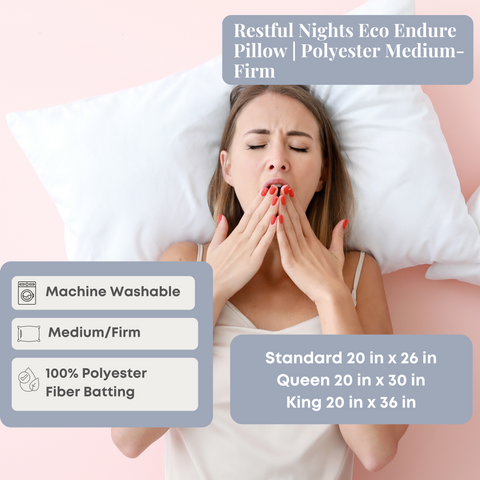 A woman lying in bed with her eyes closed, sneezing into her hands, with an advertisement for Restful Nights Eco Endure Pillows | Polyester Medium-Firm with various product details around her.