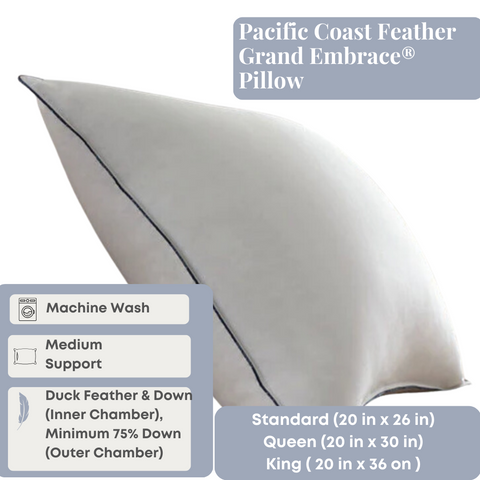 A Pacific Coast Feather Company Grand Embrace<sup>®</sup> Pillow, medium support, with an organic cotton cover and Hyperclean down & duck feather blend (75% down in the outer chamber), machine washable, standard size