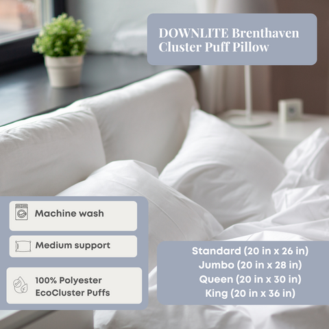 A plush Downlite® Brenthaven Cluster Puff Pillow on a neatly made bed, highlighting its machine washable feature, medium support level, and EcoCluster puff filling, designed for the hospitality industry and available.