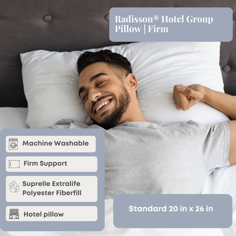 A delighted man enjoys a restful sleep on a firm Hollander Radisson<sup>®</sup> Hotel Group Pillow, which features machine washable and supportive hypoallergenic Suprelle ExtraLife polyester fiberfill, sized at a