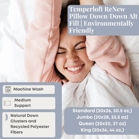 A joyful woman snuggles into Manchester Mills Temperloft ReNew pillows, highlighting their machine-washable convenience and down alternative fill for sustainable comfort in various sizes.