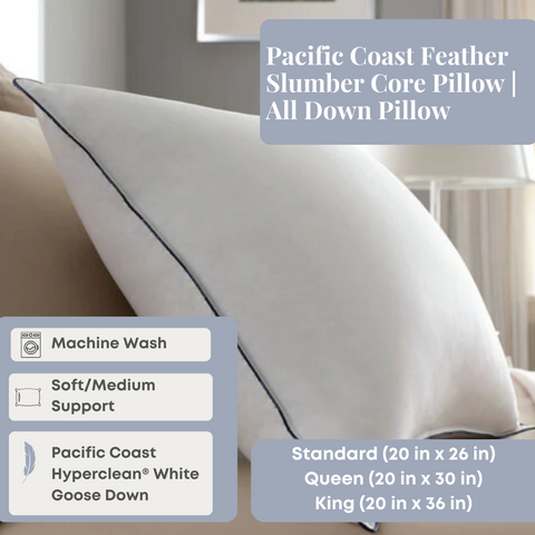 A Pacific Coast Feather Company Slumber Core pillow featuring hyperclean white goose down filling, presented in a serene bedroom setting with a machine washable and soft/medium support label, available in standard and king sizes.