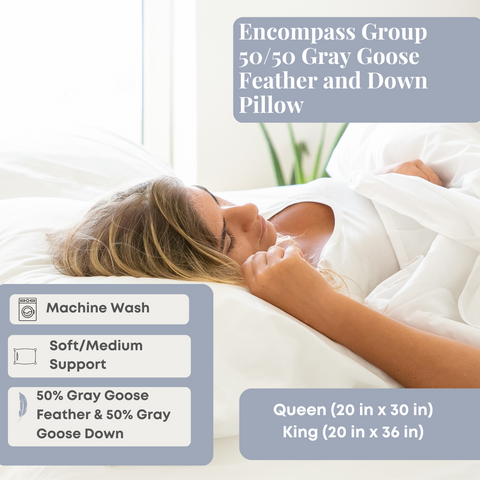 A contented woman enjoys a peaceful rest on a plush Encompass Group 50/50 Gray Goose Feather and Down Pillow, which offers medium support and is machine washable, available in queen size.