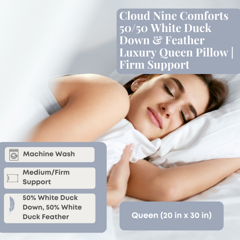 A woman comfortably rests on a Cloud Nine Comforts 50/50 White Duck Down & Feather Luxury Queen Pillow | Firm Support, which offers firm support with a blend of 50% white duck down and feather, is machine washable, and has a queen-sized dimension.