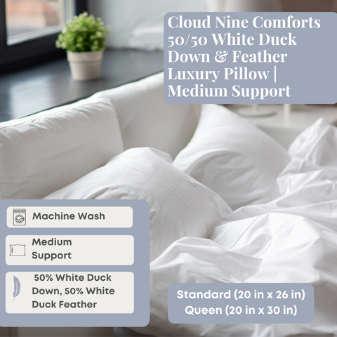 A luxurious Cloud Nine Comforts 50/50 White Duck Down & Feather luxury pillow with medium support, displayed on a bed with crisp white bedding, near a window, emphasizing comfort and quality.