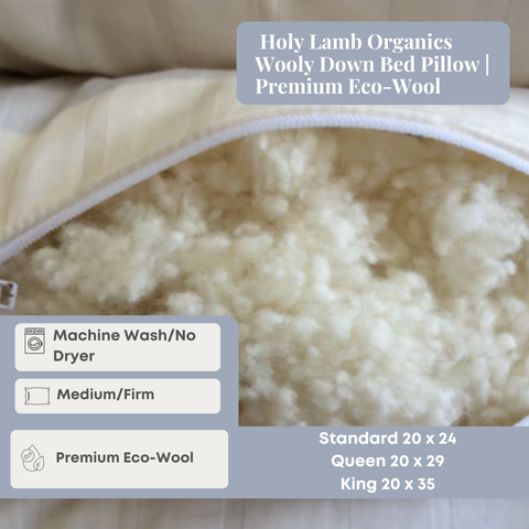 A close-up of the Holy Lamb Organics Wooly Down Bed Pillow with zipper, showcasing its natural wool filling. The image highlights the pillow's machine washable feature, medium/firm texture, and Premium Eco-Wool.