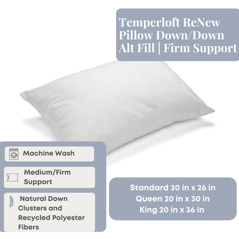 Manchester Mills Temperloft ReNew Pillow Down/Down Alt Fill | Firm Support made with recycled polyester fibers. Environmentally friendly option for a comfortable night's sleep.