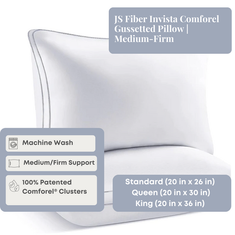 A JS Fiber Invista Comforel Gussetted Pillow | Medium-Firm, available in standard and queen sizes, designed specifically for side sleepers. It features a machine-washable cover with patented Com