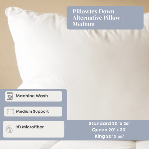 A promotional image showcasing the features of a Pillowtex® Hypoallergenic Down Alternative Pillow | Medium which is machine washable, offers medium support, and is available in two sizes.