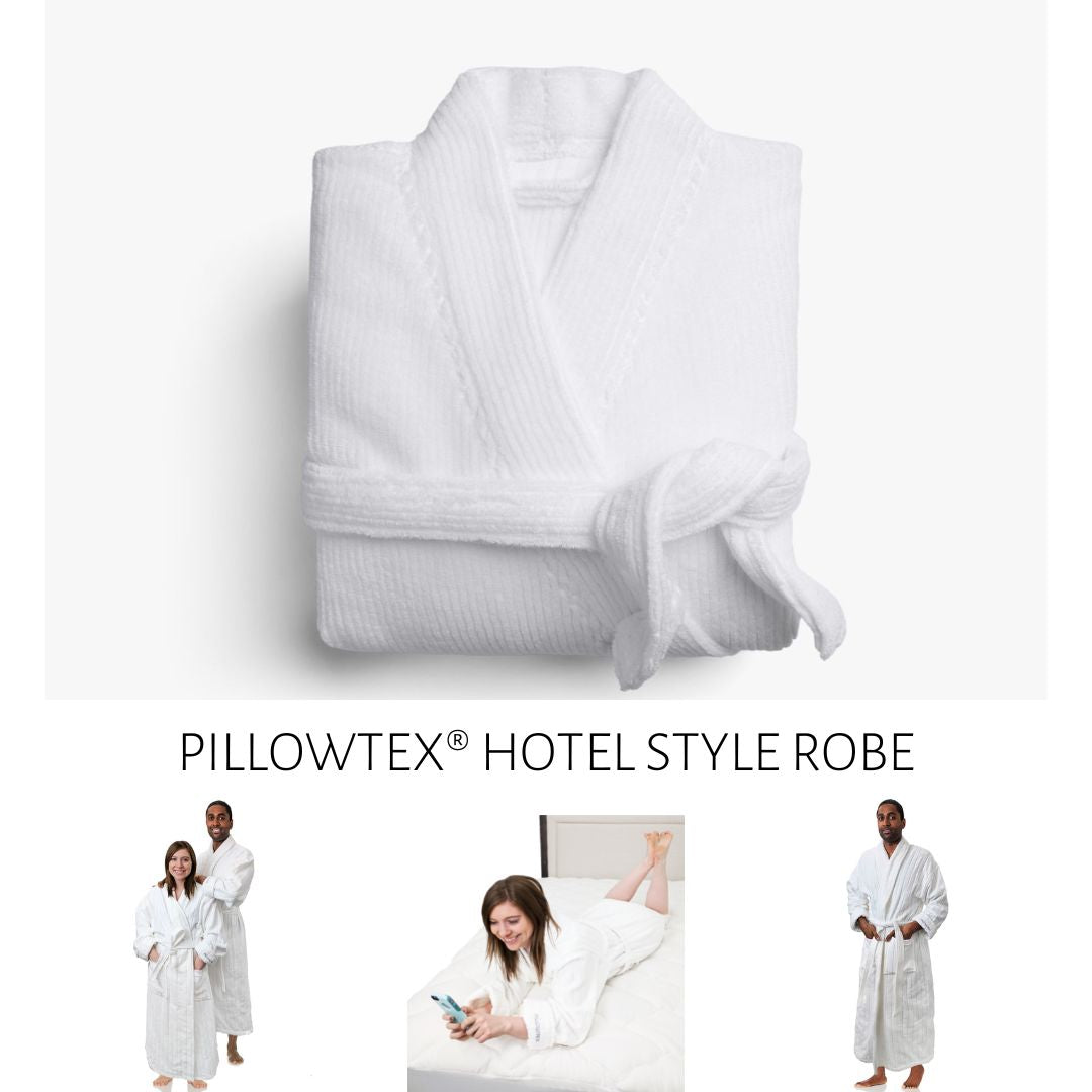 A plush white pillowtex hotel-style robe displayed neatly folded with images below showcasing a couple wearing the robes in a relaxed, home environment.