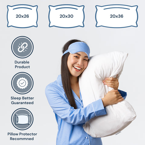 A smiling woman in a blue pajama set and headband hugs a white Pillowtex Premium Polyester Pillow | Extra Firm, surrounded by icons and text highlighting pillow sizes (20x26, 20x30, 20x36).