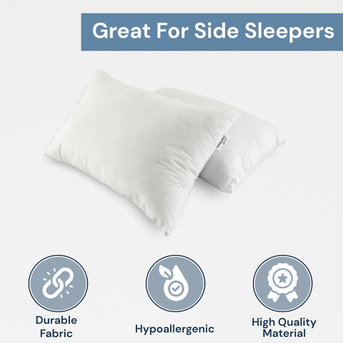 The image displays two Pillowtex Premium Polyester Pillows | Extra Firm with text "great for side sleepers" above. Icons below indicate features: durable fabric, hypoallergenic properties, and high support. The background is a soft.