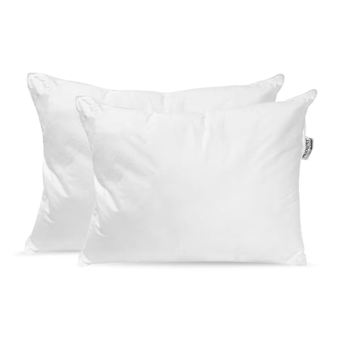 Two pristine white Pillowtex® Premium Polyester Pillows with a glossy finish, standing upright against a pure white background, allowing the pillows to blend seamlessly into their surroundings.