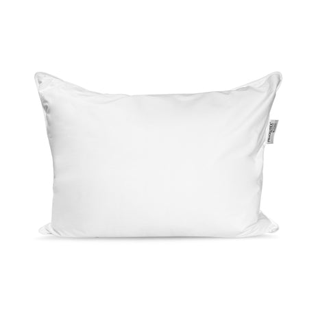 A pristine white Pillowtex Hotel Feather and Down Pillow Set with a visible tag, against a pure white background, evoking a sense of softness and comfort.