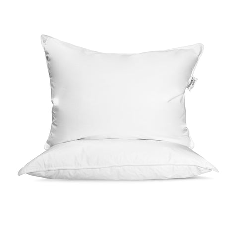 Two white, square-shaped Pillowtex Hotel Feather and Down Pillows with a smooth, possibly silk or satin finish, stacked against an all-white background, creating a minimalist and clean aesthetic.