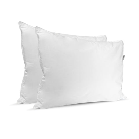 Two fluffy white Pillowtex Hotel Feather and Down Pillows with a smooth finish isolated on a clean white background, possibly made with hypoallergenic materials for a restful sleep.