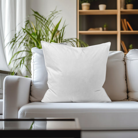 A pristine Pillowtex Pillow Insert in White Duck Feather & Down sits atop a sleek leather sofa, accentuating a minimalist living room adorned with green plants and a neatly arranged bookshelf in the background.