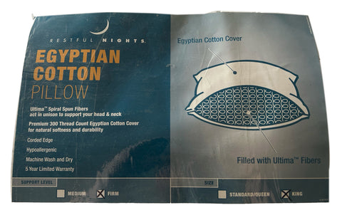 An advertisement for Restful Nights Egyptian Cotton Pillow | Firm featuring text about product details such as Ultima Spiral Spun Fibers, cotton cover, and a 5-year warranty on a bifold brochure