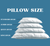 Four white pillows labeled Standard 20x26, Jumbo 20x28, Queen 20x30, and King 20x36 are stacked on a blue background. Above them, “PILLOW SIZE” is boldly written. Experience down-like comfort with Pillowtex Triple Core Lyocell Pillow.