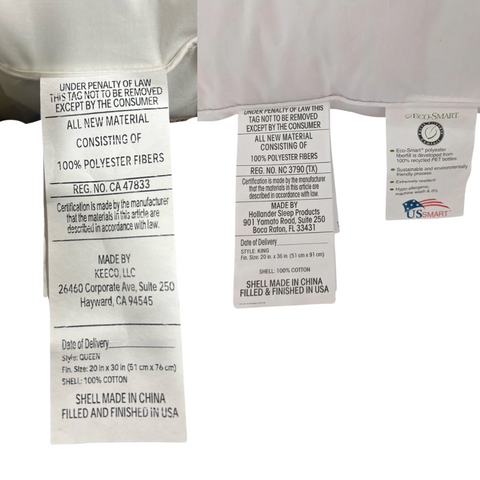 Two images of Eco-Smart Down Alternative Pillow tags side by side. The left shows a Hollander tag with text about polyester content, caution against removing, and manufacturing details in the USA. The right shows a similar tag with additional certification.