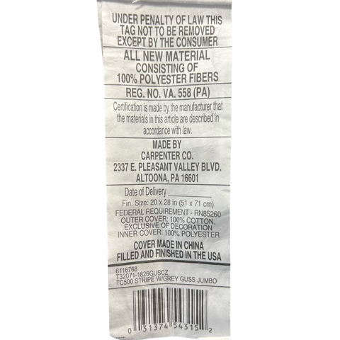 The image shows a fabric care label from a Carpenter Indulgence® Synthetic Down Pillow | Side Sleeper, detailing material composition (100% polyester), registration number, manufacturer location in Pleasant Valley, Alpoona, PA, and size.