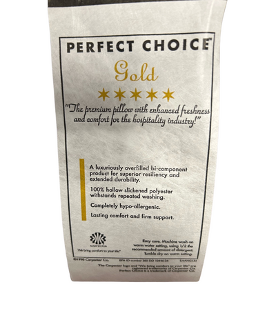 A label for the "Perfect Choice™ Gold Pillow by Carpenter Co.," highlighting its premium quality, antimicrobial treated polyester for enhanced freshness, hospitality industry suitability, superior resiliency, washability, and lasting.