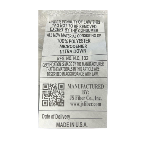A label with a qr code on the JS Fiber "Ultra Down" 33oz. Soft Pillow | Standard Size for comfort and support.