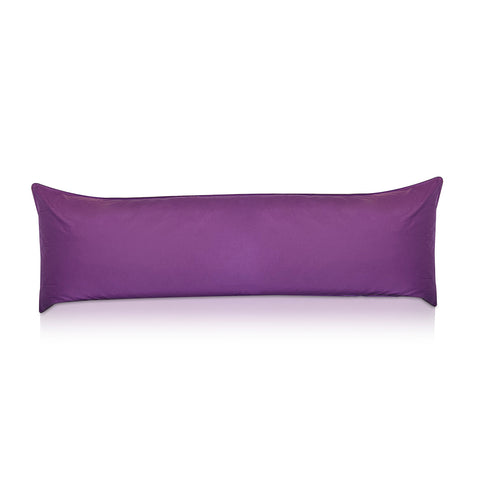 A purple Pillowtex® Body Pillow Cover isolated on a white background, showcasing a 233-thread count cotton cover with clean, simple seams at the edges.