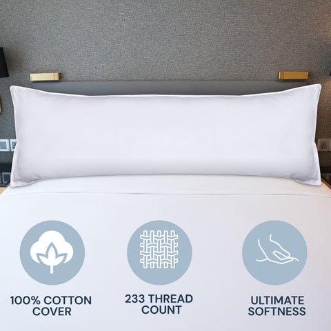 A long white Pillowtex® Body Pillow Cover | 100% Cotton on a neatly made bed with a gray headboard. Below it are three icons: a cotton plant, a fabric weave, and a reclining person, labeled.