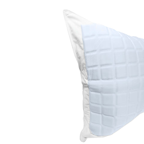 A single Pillowtex Cooling Gel Pillow Protector with a quilted pattern on one side and a smooth finish on the other, set against a pure white background. The pillow is slightly inclined, showcasing its thickness and texture. It includes a 100% cotton pillow cover for added comfort.