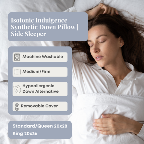 A woman laying in bed with the Indulgence by Isotonic Synthetic Down Pillow | Side Sleeper by Carpenter.