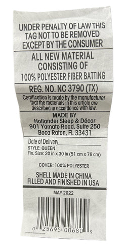 A crinkled care label displaying legal text, material composition (Simple Comfort™ Pillow made with 100% polyester and Eco-friendly fiber filling), certification, manufacturer details (holland maid by Hollander)