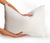 A person's hands are squeezing a Carpenter Co. Dual Layered Comfort Pillow, demonstrating its softness and fluffiness against a seamless white background.