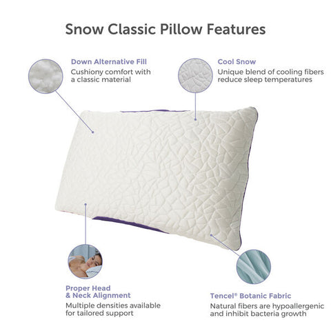 The Protect-A-Bed Cooling Snow Classic Pillow features Down Alternative Fill, providing a comfortable and cooling sleep experience.