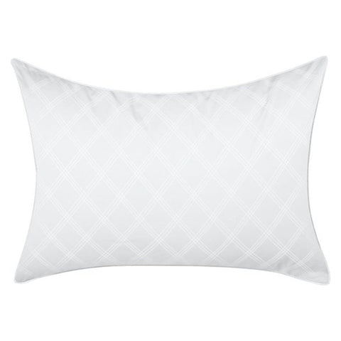 A white, diamond-quilted Restful Nights Aller-Sure Cotton Cover Ultima Polyester pillow with a subtle texture and tapered corners, providing a sleek and comfortable addition to modern bedding decor.