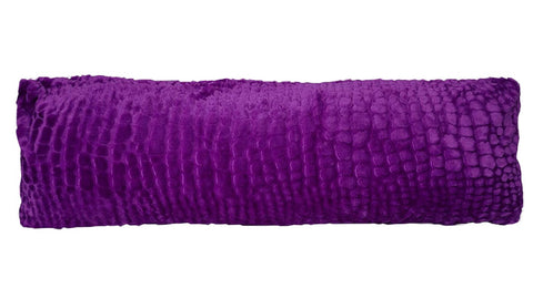A plush purple crocodile skin Pillowtex Body Pillow Cover on a white background.