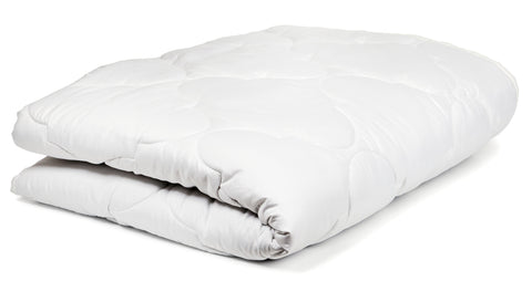 A white blanket folded on top of a Restful Nights Egyptian Cotton Mattress Pad sitting on a white background.